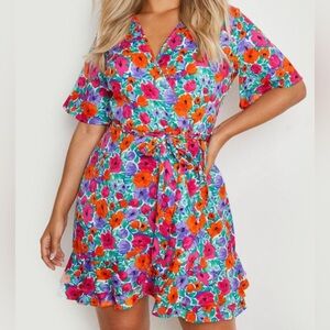 BOOHOO Plus Floral Print Wrap Ruffle Tea Dress - multi Color Size Us 18 NWT